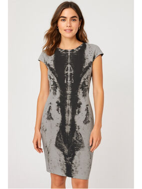 Akris Wool Silk Blend Sheath Dress Gray Black Print Designer US 4